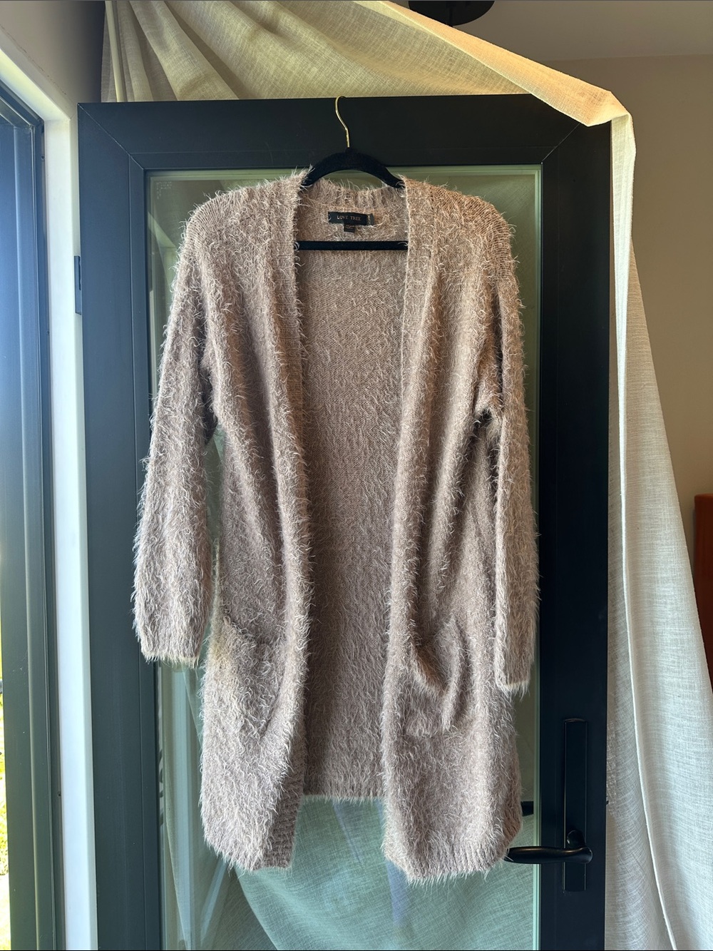 Love Tree Fuzzy Open-Front Cardigan in Taupe